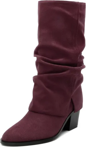 Womens Boots Mid Calf Slouchy Suede Pointed Toe Slip on Chunky Heel Short Boots Comfortable Casual Fall Winter Booties