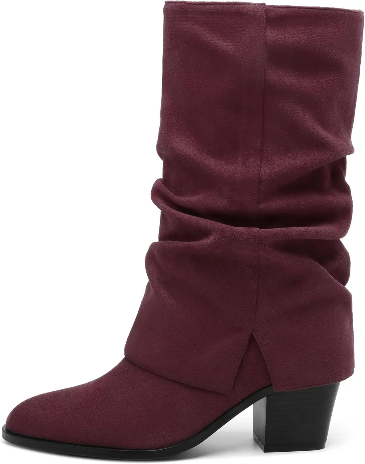 Womens Boots Mid Calf Slouchy Suede Pointed Toe Slip on Chunky Heel Short Boots Comfortable Casual Fall Winter Booties