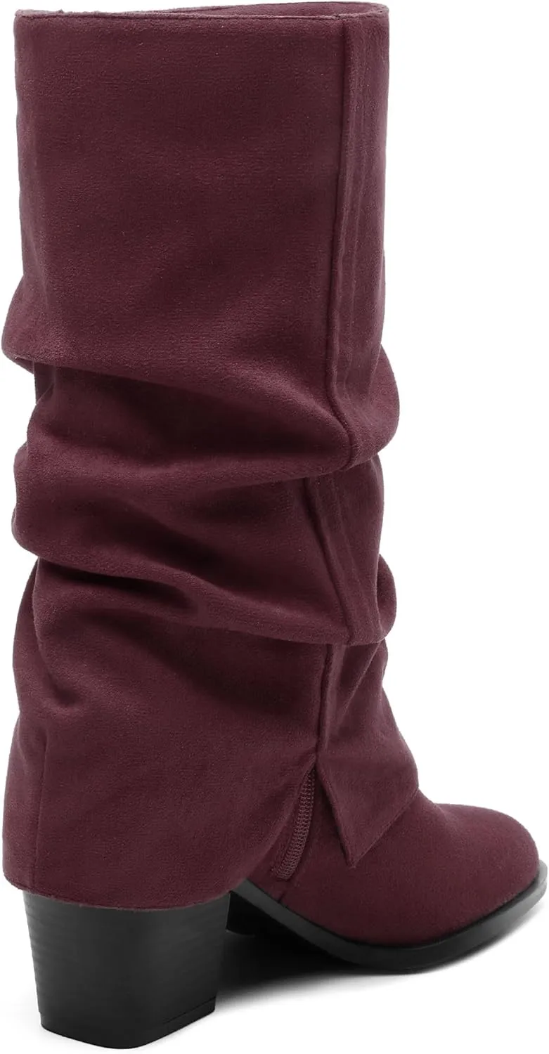 Womens Boots Mid Calf Slouchy Suede Pointed Toe Slip on Chunky Heel Short Boots Comfortable Casual Fall Winter Booties