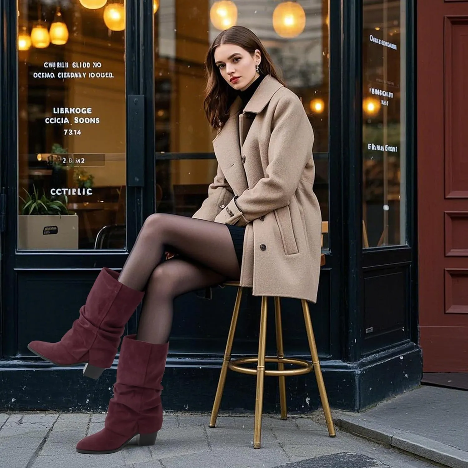 Womens Boots Mid Calf Slouchy Suede Pointed Toe Slip on Chunky Heel Short Boots Comfortable Casual Fall Winter Booties
