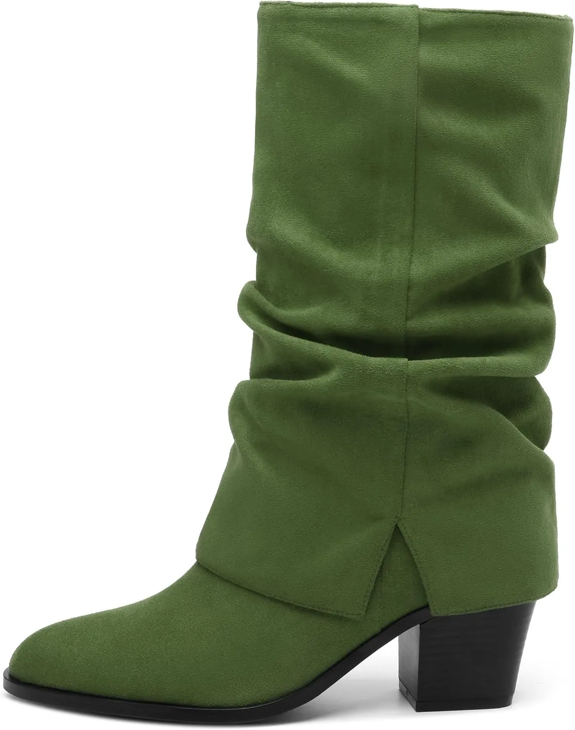Womens Boots Mid Calf Slouchy Suede Pointed Toe Slip on Chunky Heel Short Boots Comfortable Casual Fall Winter Booties