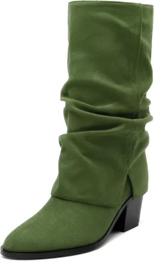 Womens Boots Mid Calf Slouchy Suede Pointed Toe Slip on Chunky Heel Short Boots Comfortable Casual Fall Winter Booties