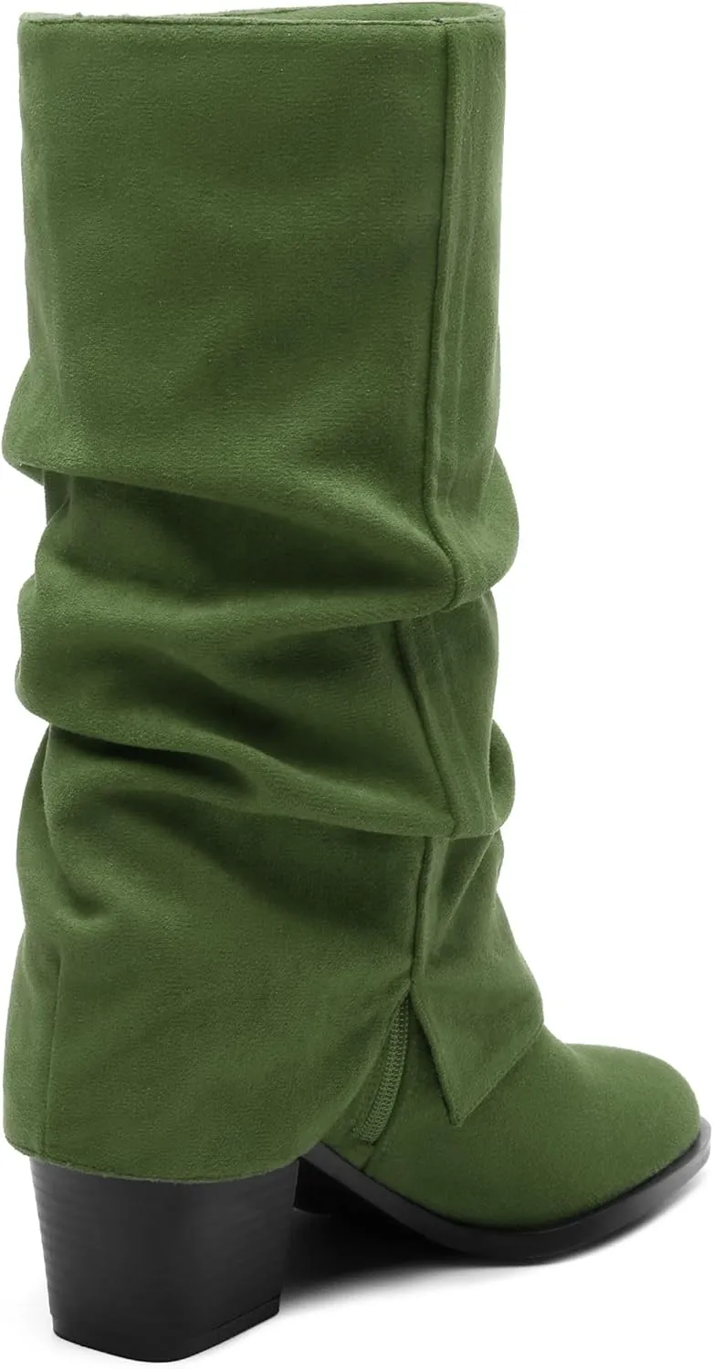 Womens Boots Mid Calf Slouchy Suede Pointed Toe Slip on Chunky Heel Short Boots Comfortable Casual Fall Winter Booties