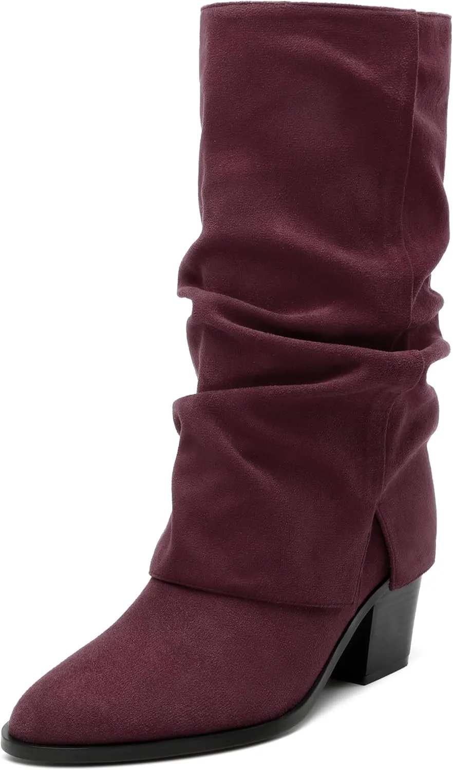 Womens Boots Mid Calf Slouchy Suede Pointed Toe Slip on Chunky Heel Short Boots Comfortable Casual Fall Winter Booties