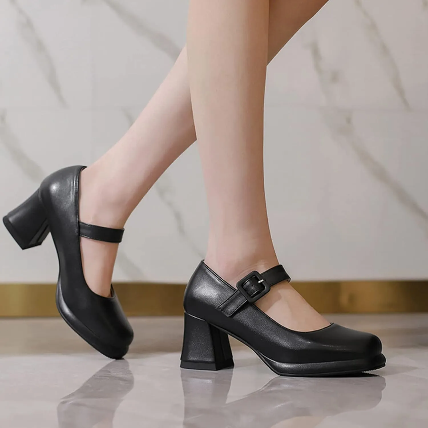 Women's Chunky Heel Mary Jane Dress Shoes Square Toe Buckle Strap Classic Platform Block Heeled Pumps