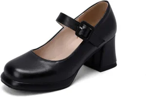 Women's Chunky Heel Mary Jane Dress Shoes Square Toe Buckle Strap Classic Platform Block Heeled Pumps