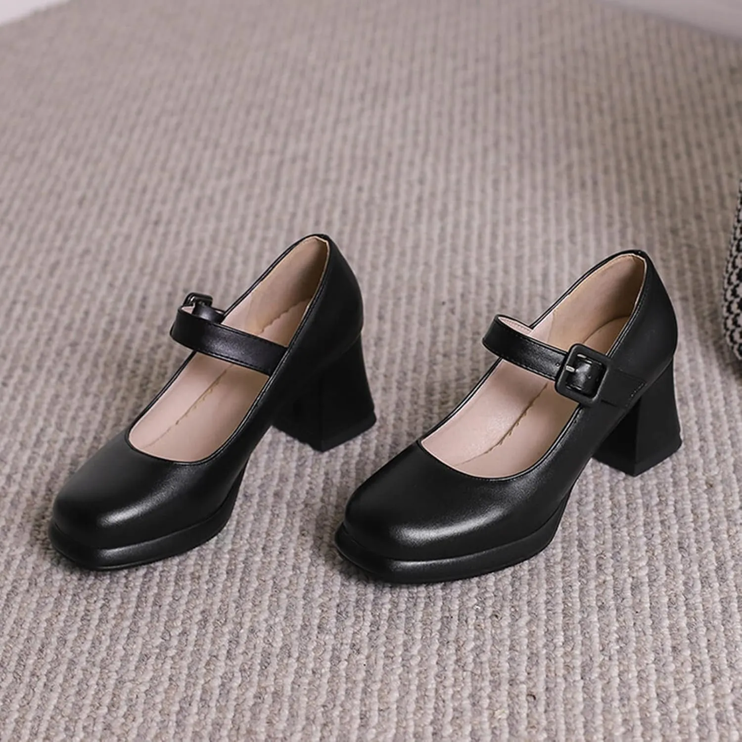 Women's Chunky Heel Mary Jane Dress Shoes Square Toe Buckle Strap Classic Platform Block Heeled Pumps