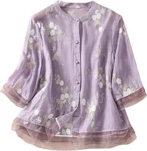 Womens Cotton Linen Embroidery Shirt Casual Crewneck Shirt Fashion Floral Printed Flowy Shirt Spring 3/4 Sleeve Tops