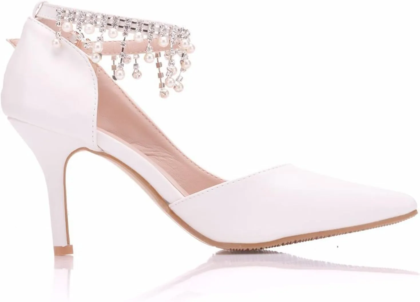 Women's Court Shoes, 8 Cm White Sandals Tassel Beads Side Hollow Pumps Comfortable Ankle Strap Buckle Pointed Toe Photo Adult, 41 EU,White
