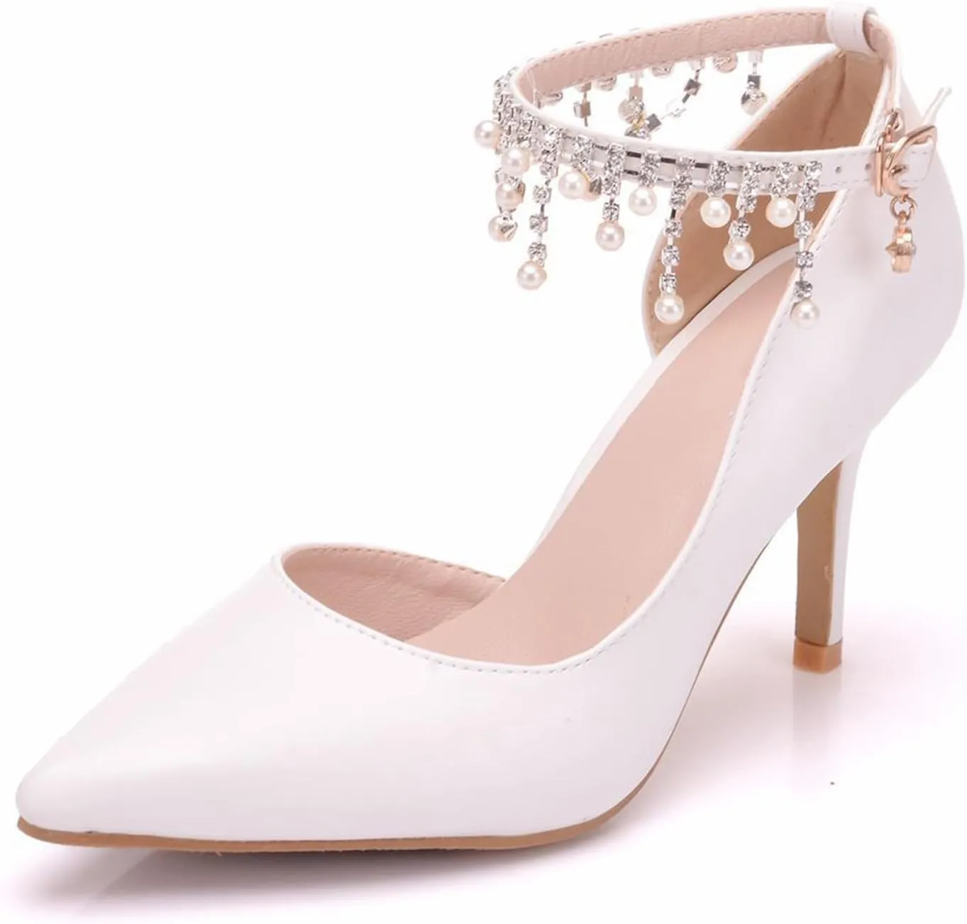 Women's Court Shoes, 8 Cm White Sandals Tassel Beads Side Hollow Pumps Comfortable Ankle Strap Buckle Pointed Toe Photo Adult, 41 EU,White