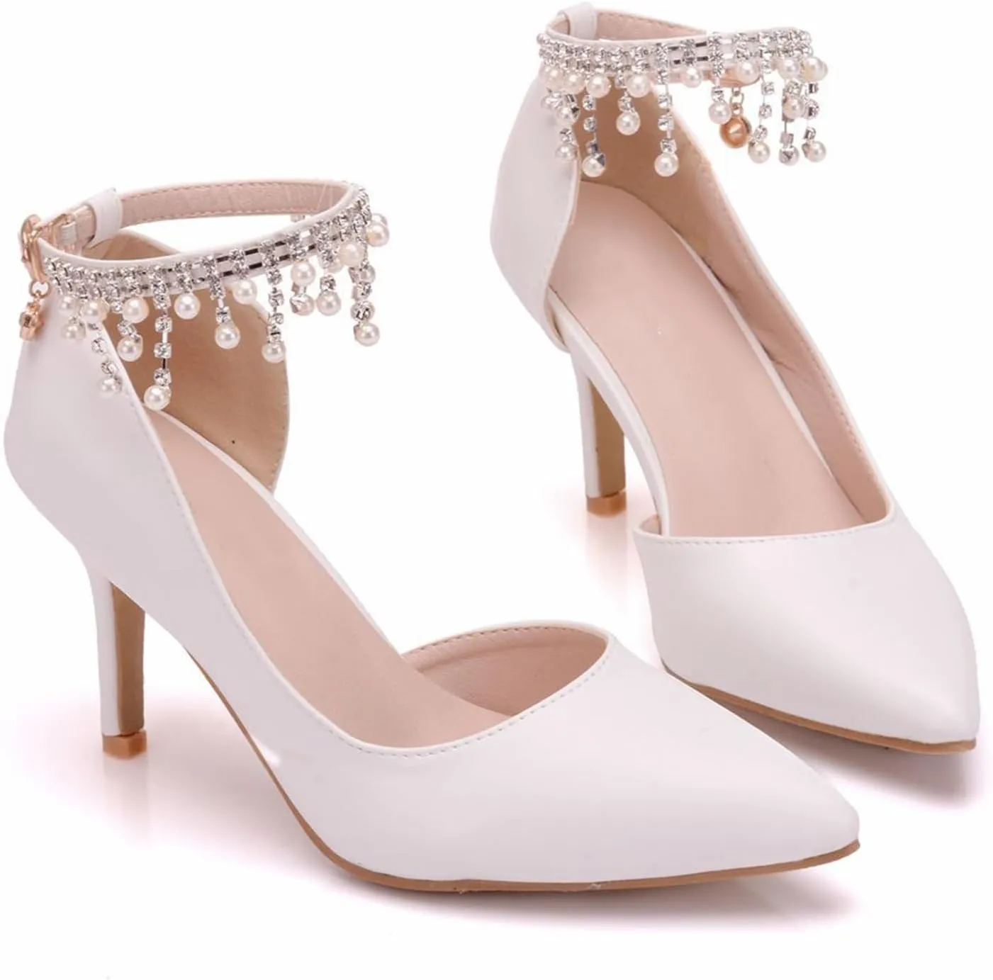 Women's Court Shoes, 8 Cm White Sandals Tassel Beads Side Hollow Pumps Comfortable Ankle Strap Buckle Pointed Toe Photo Adult, 41 EU,White