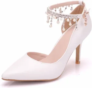 Women's Court Shoes, 8 Cm White Sandals Tassel Beads Side Hollow Pumps Comfortable Ankle Strap Buckle Pointed Toe Photo Adult, 41 EU,White