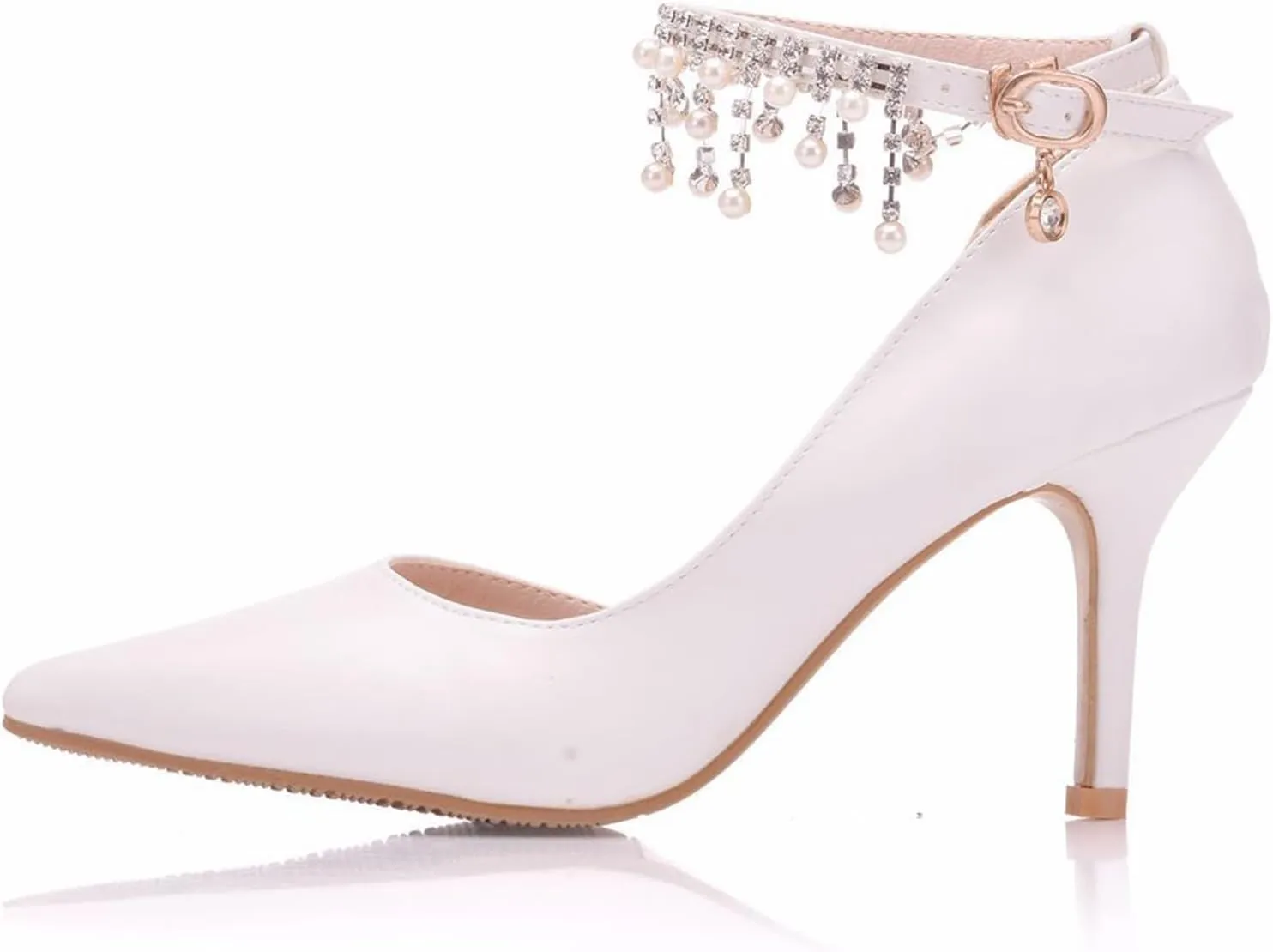 Women's Court Shoes, 8 Cm White Sandals Tassel Beads Side Hollow Pumps Comfortable Ankle Strap Buckle Pointed Toe Photo Adult, 41 EU,White