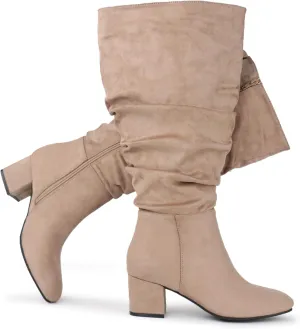 Women's Extra Wide Calf Dress Boots Slouchy Suede Boots with Block Heel