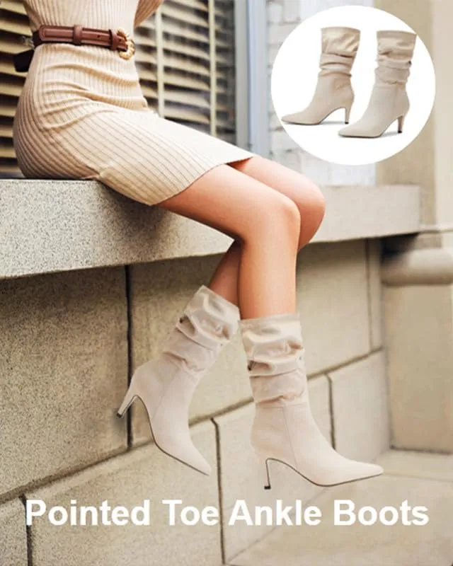 Women's Fashion Mid Calf Boots Pleated Suede Stiletto Pointed Toe High Heels Slouchy Slip On Ankle Boot For Dress