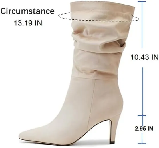 Women's Fashion Mid Calf Boots Pleated Suede Stiletto Pointed Toe High Heels Slouchy Slip On Ankle Boot For Dress