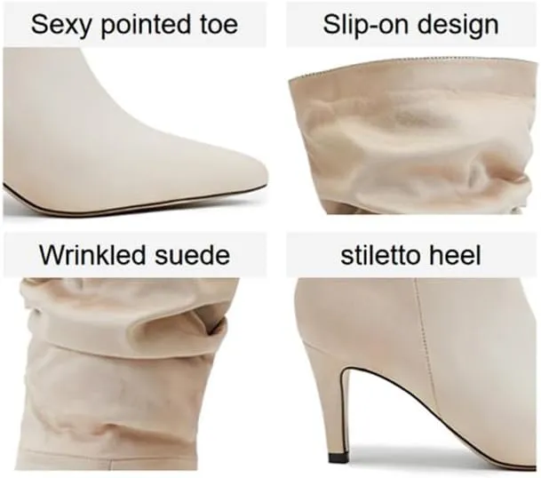Women's Fashion Mid Calf Boots Pleated Suede Stiletto Pointed Toe High Heels Slouchy Slip On Ankle Boot For Dress