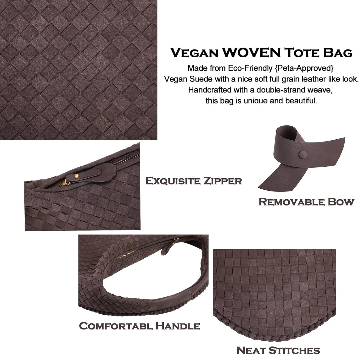 Women's Faux Suede Bag, Woven Bag, Shoulder Bag Slouchy Hobo, Suede Handbag with Zipper Closure