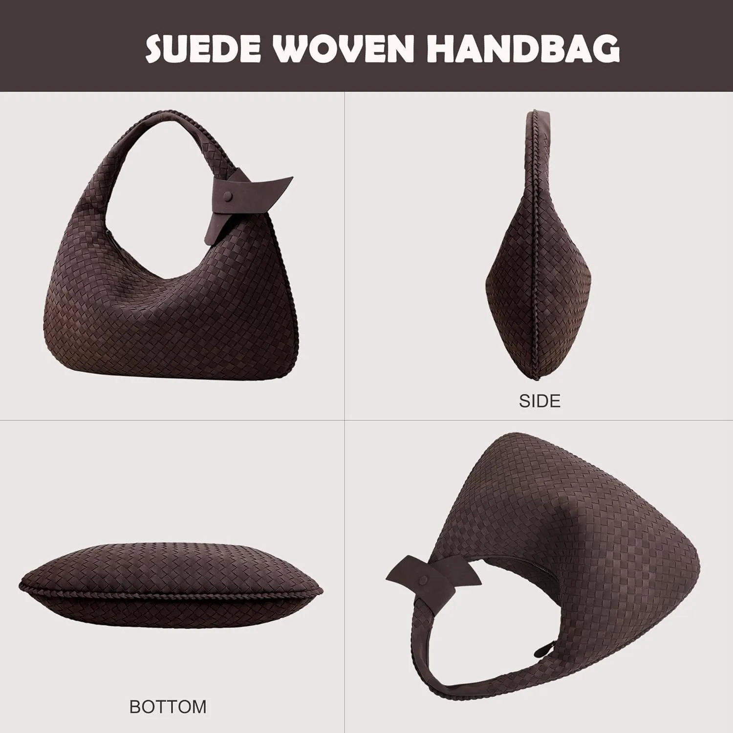 Women's Faux Suede Bag, Woven Bag, Shoulder Bag Slouchy Hobo, Suede Handbag with Zipper Closure