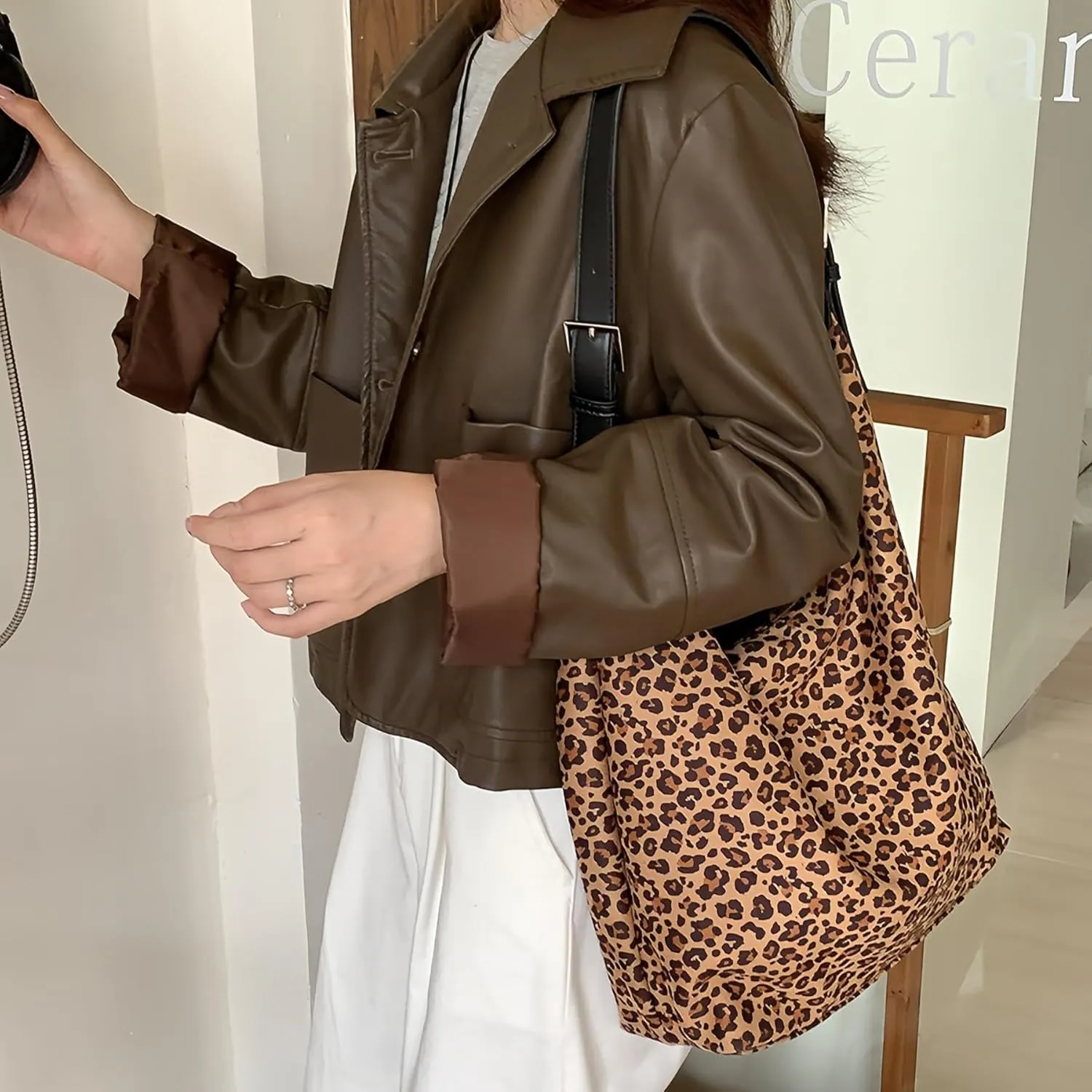 Women's Faux Suede Lightweight Shoulder Bag Leopard Print Purse Slouchy Animal Tote Bag