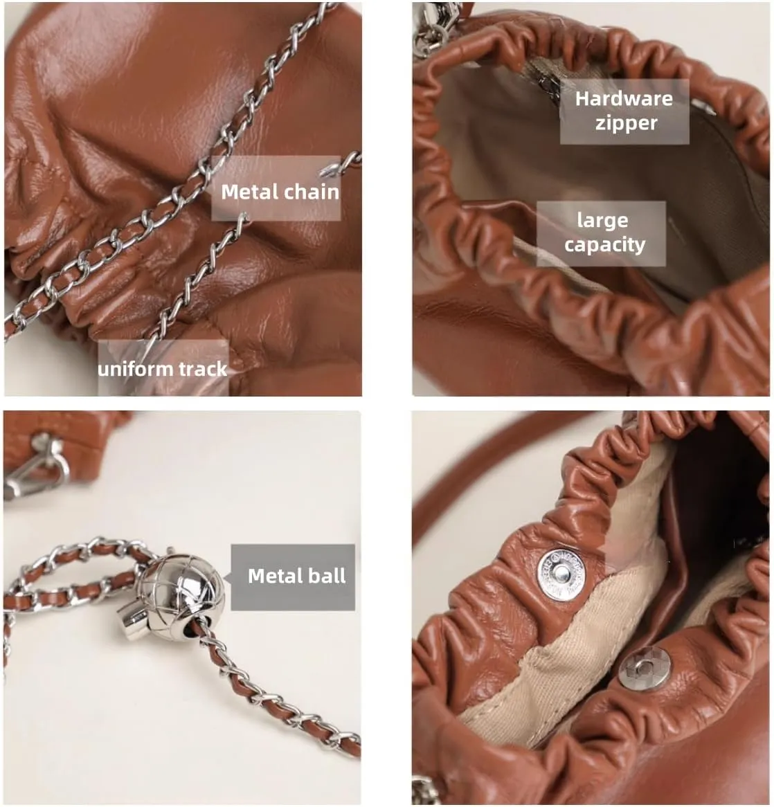 Women's Leather Chain Cowhide Metal Ball Pleated Cloud Bag Shoulder Crossbody Bag Handbag Versatile Hobo Chis Stylish