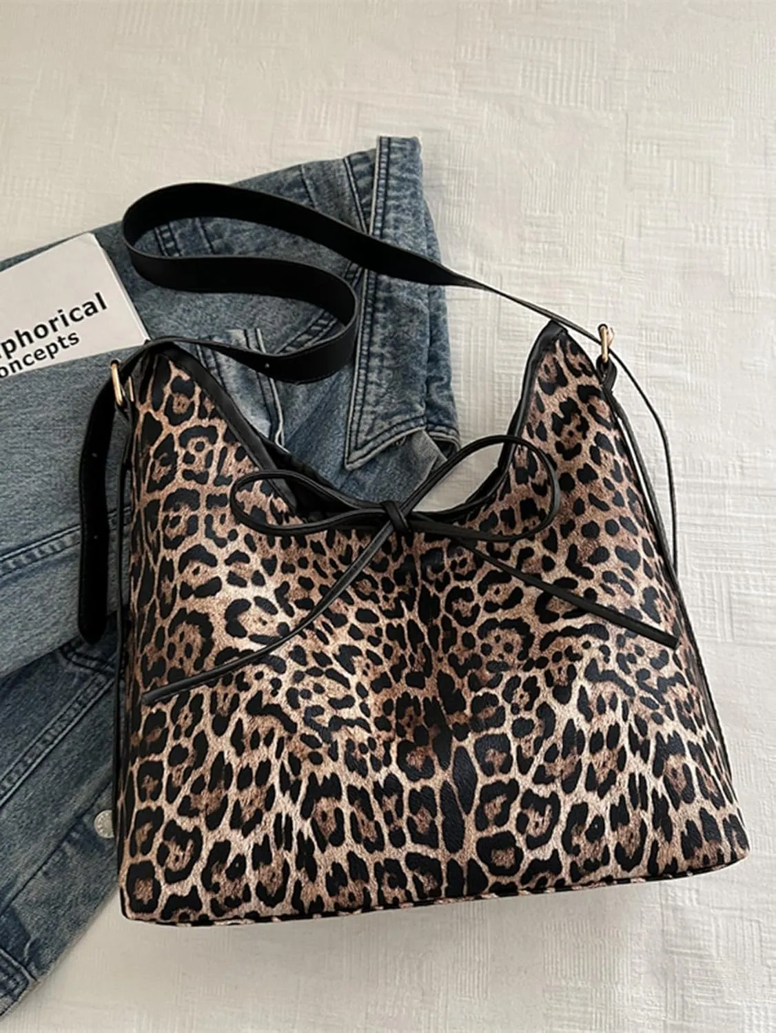Women's Leopard Tote Shoulder Bags Vintage Bow Knot Large Capacity Hobo Bag Cheetah Purse