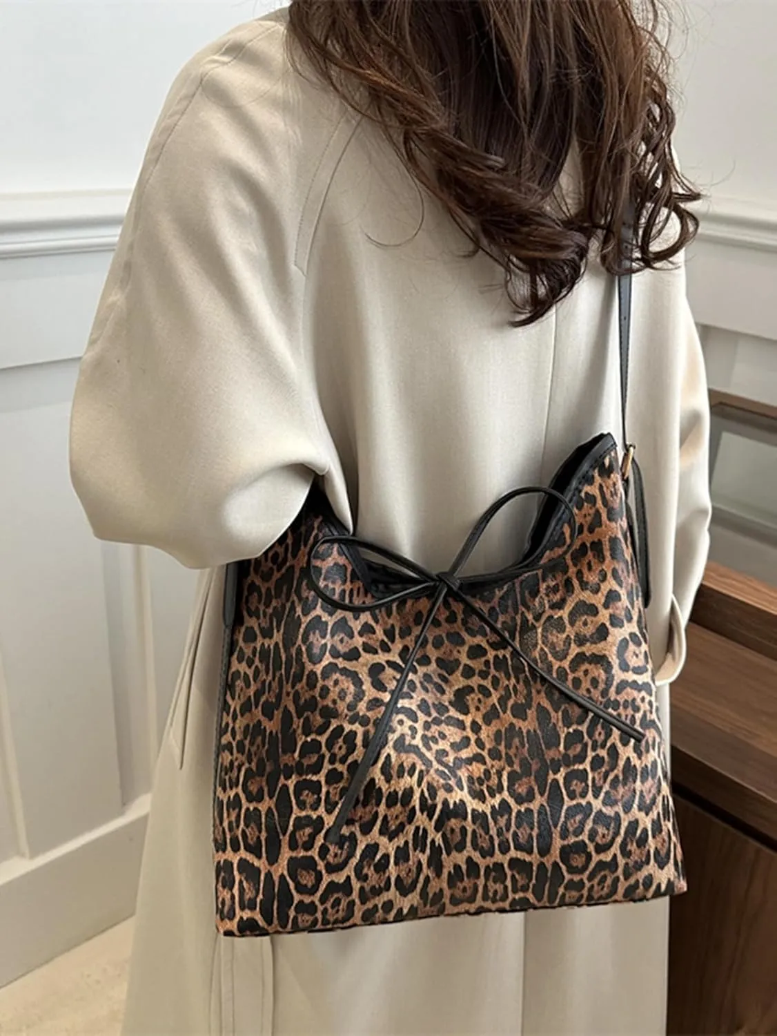 Women's Leopard Tote Shoulder Bags Vintage Bow Knot Large Capacity Hobo Bag Cheetah Purse