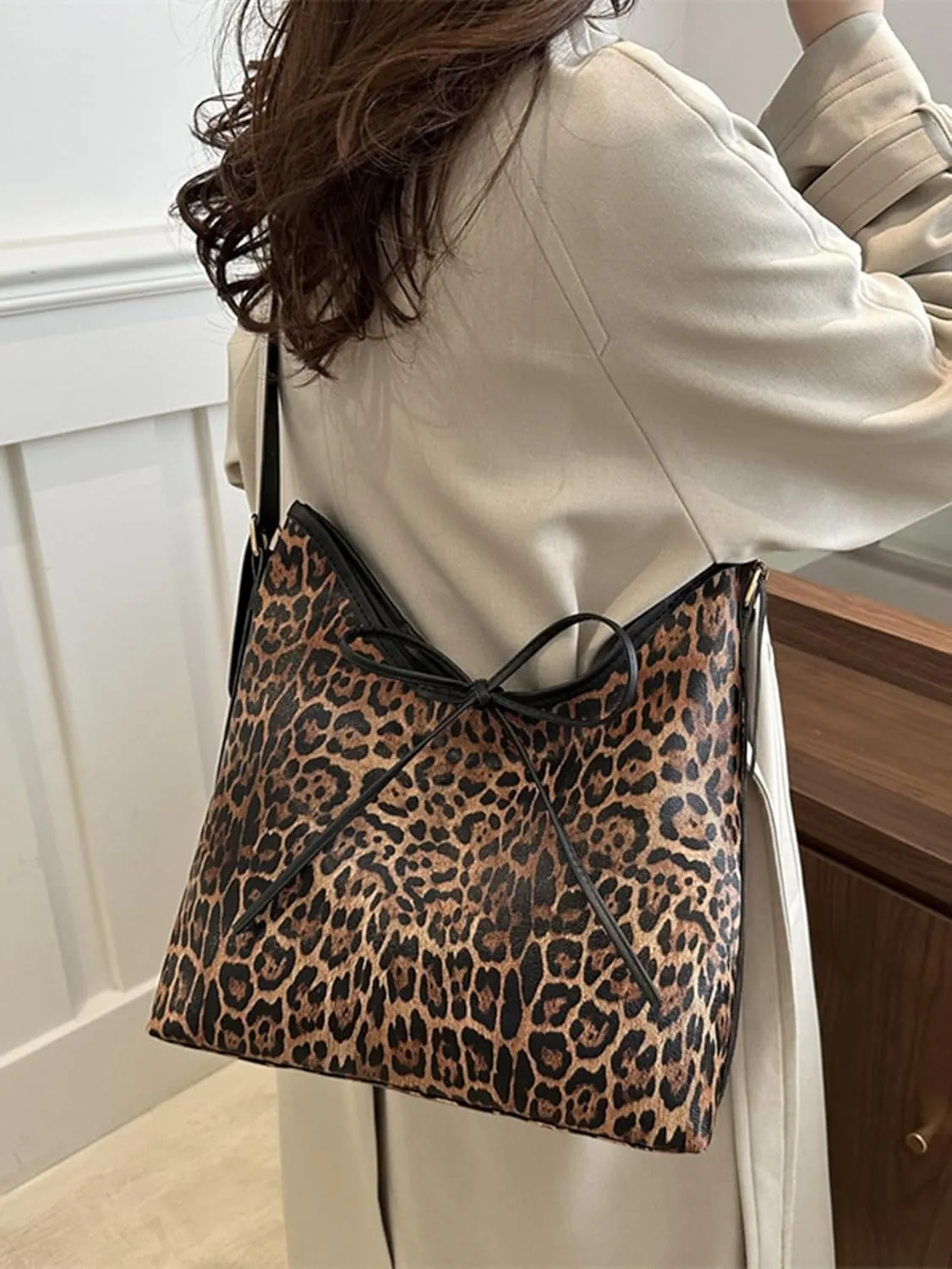 Women's Leopard Tote Shoulder Bags Vintage Bow Knot Large Capacity Hobo Bag Cheetah Purse