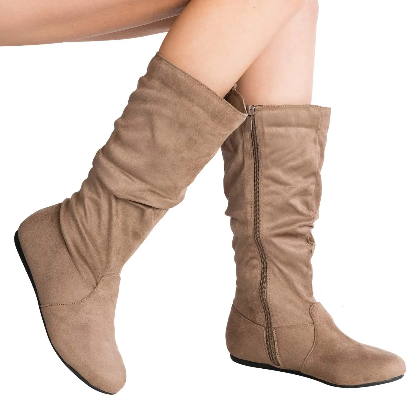 Womens Low Heel Mid-Calf Slouchy Suede Slip On Casual Boots with Side Zipper