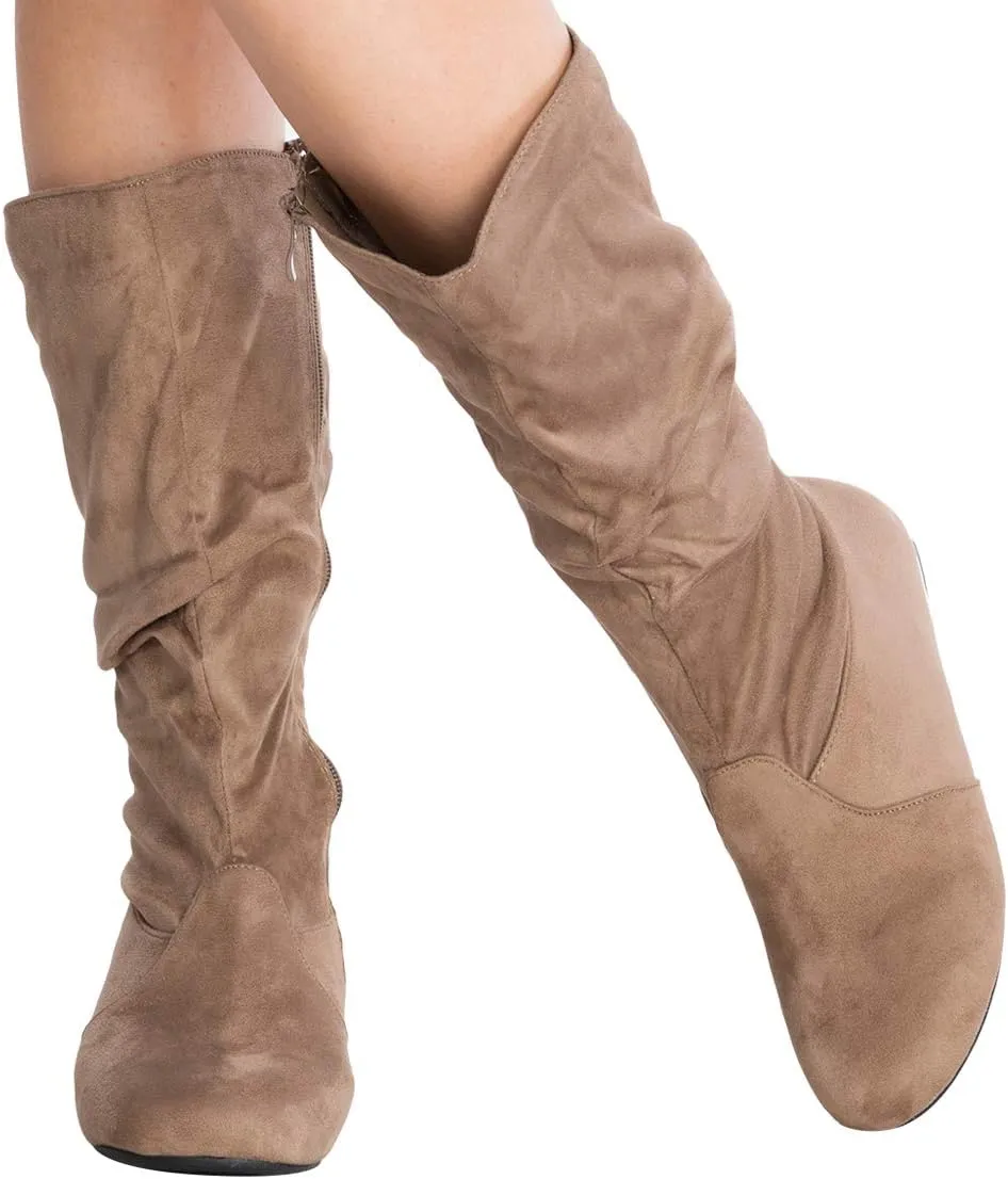 Womens Low Heel Mid-Calf Slouchy Suede Slip On Casual Boots with Side Zipper