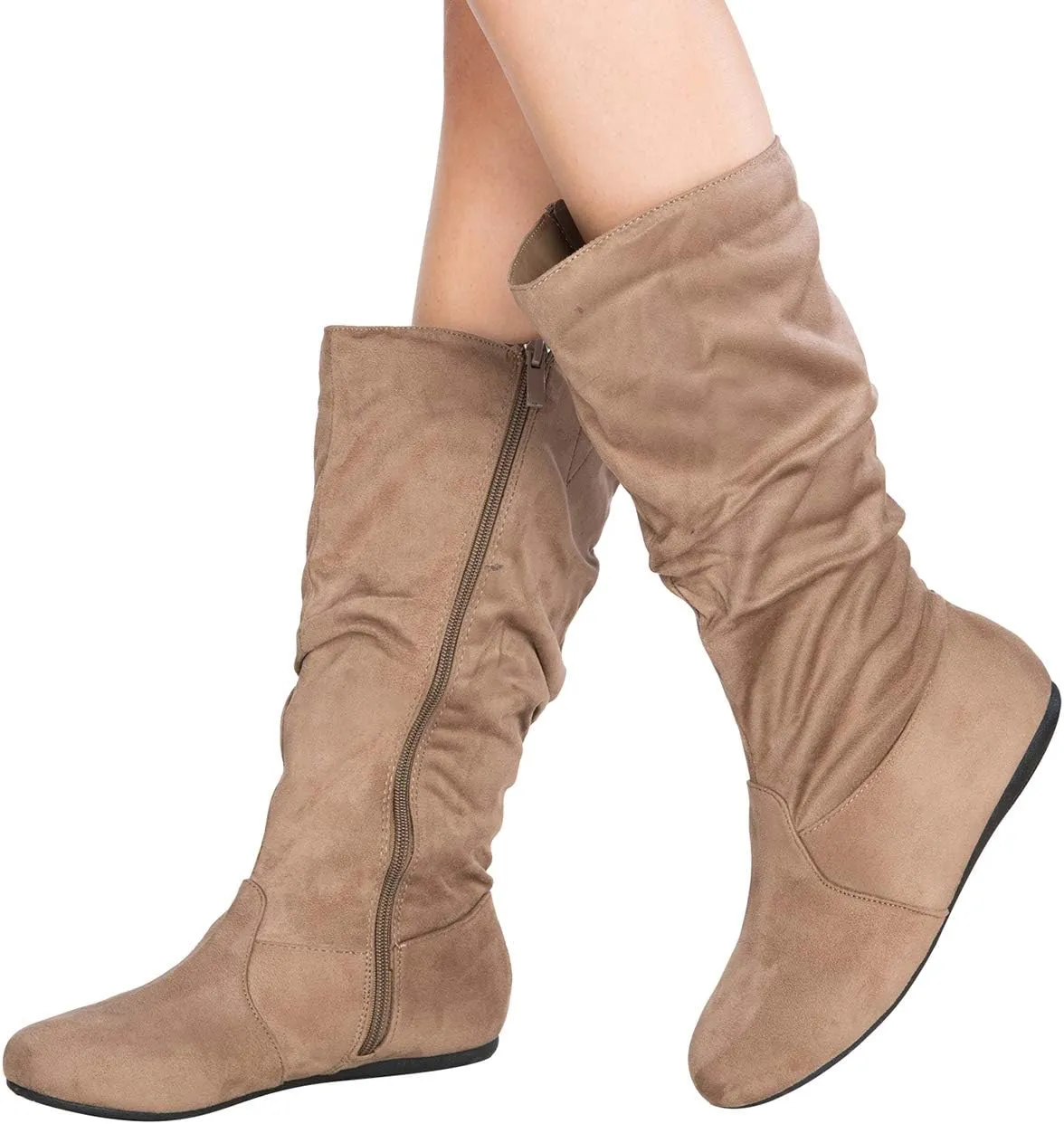 Womens Low Heel Mid-Calf Slouchy Suede Slip On Casual Boots with Side Zipper