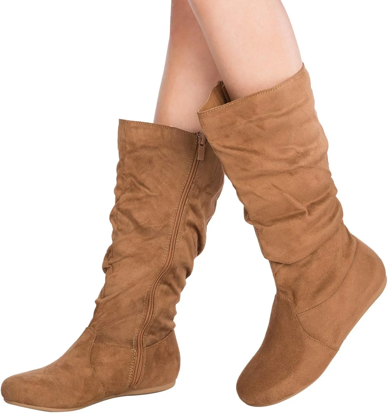 Womens Low Heel Mid-Calf Slouchy Suede Slip On Casual Boots with Side Zipper