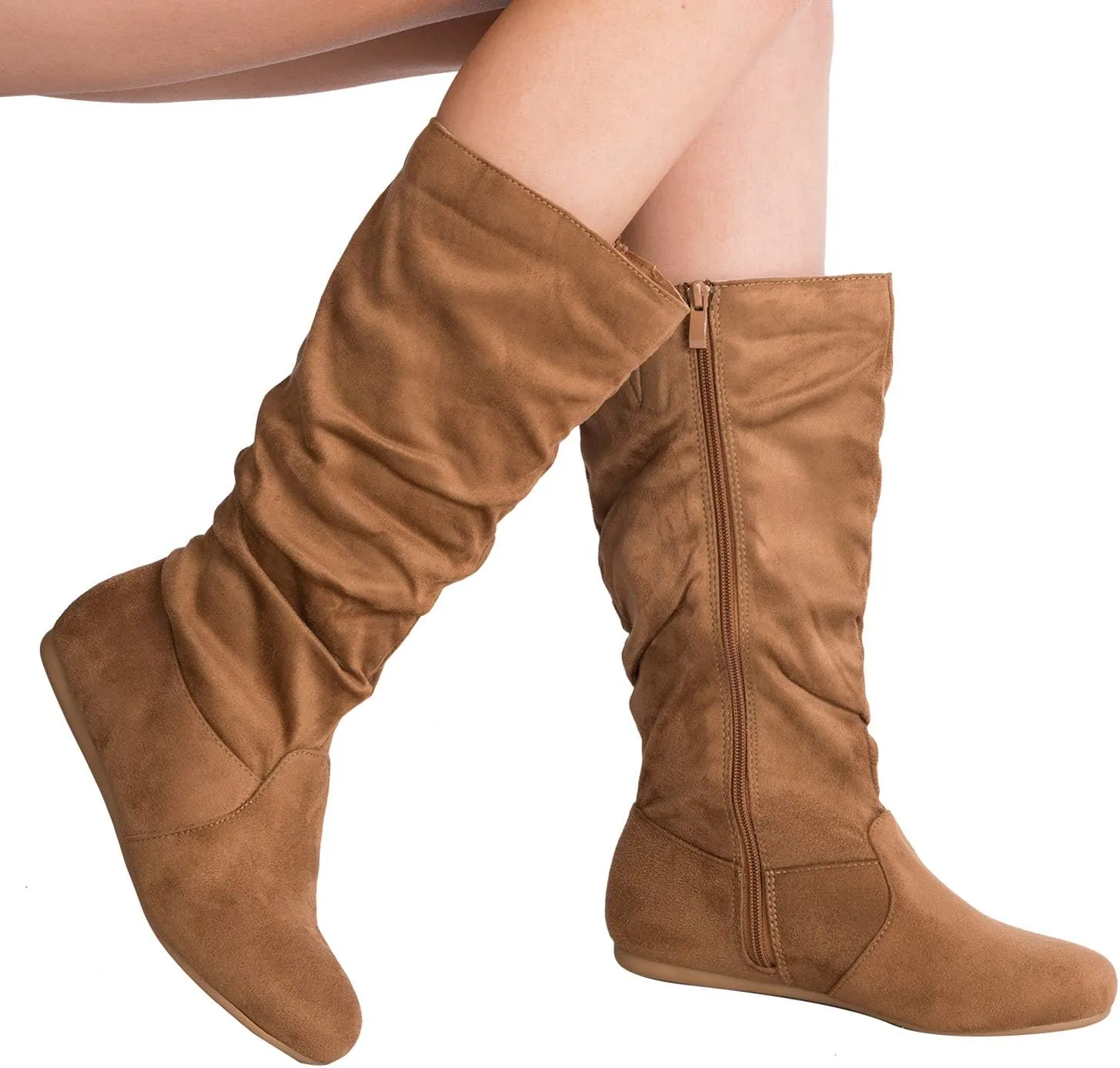 Womens Low Heel Mid-Calf Slouchy Suede Slip On Casual Boots with Side Zipper