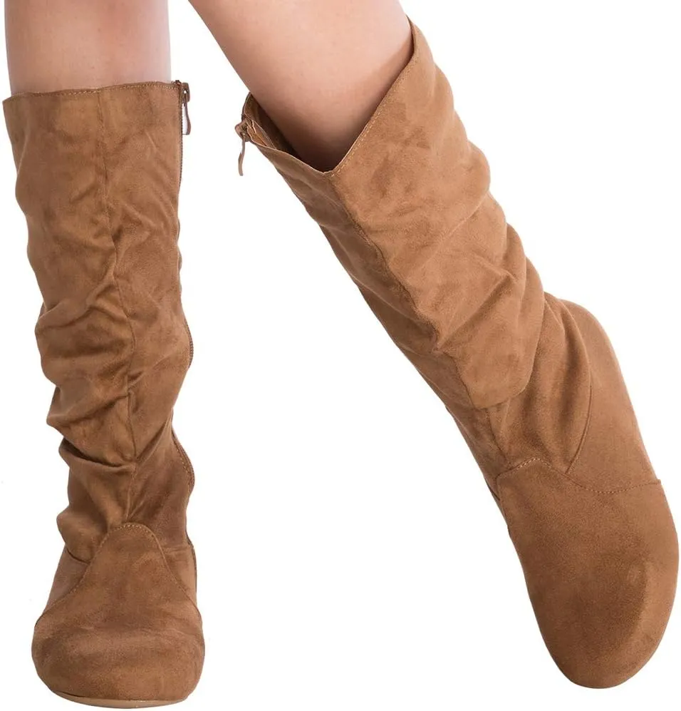 Womens Low Heel Mid-Calf Slouchy Suede Slip On Casual Boots with Side Zipper