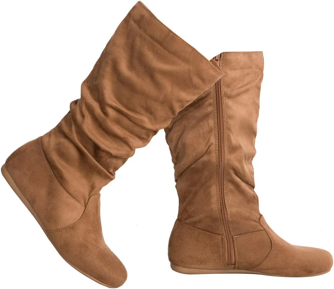 Womens Low Heel Mid-Calf Slouchy Suede Slip On Casual Boots with Side Zipper