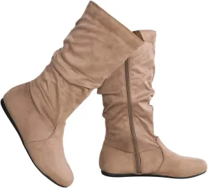 Womens Low Heel Mid-Calf Slouchy Suede Slip On Casual Boots with Side Zipper