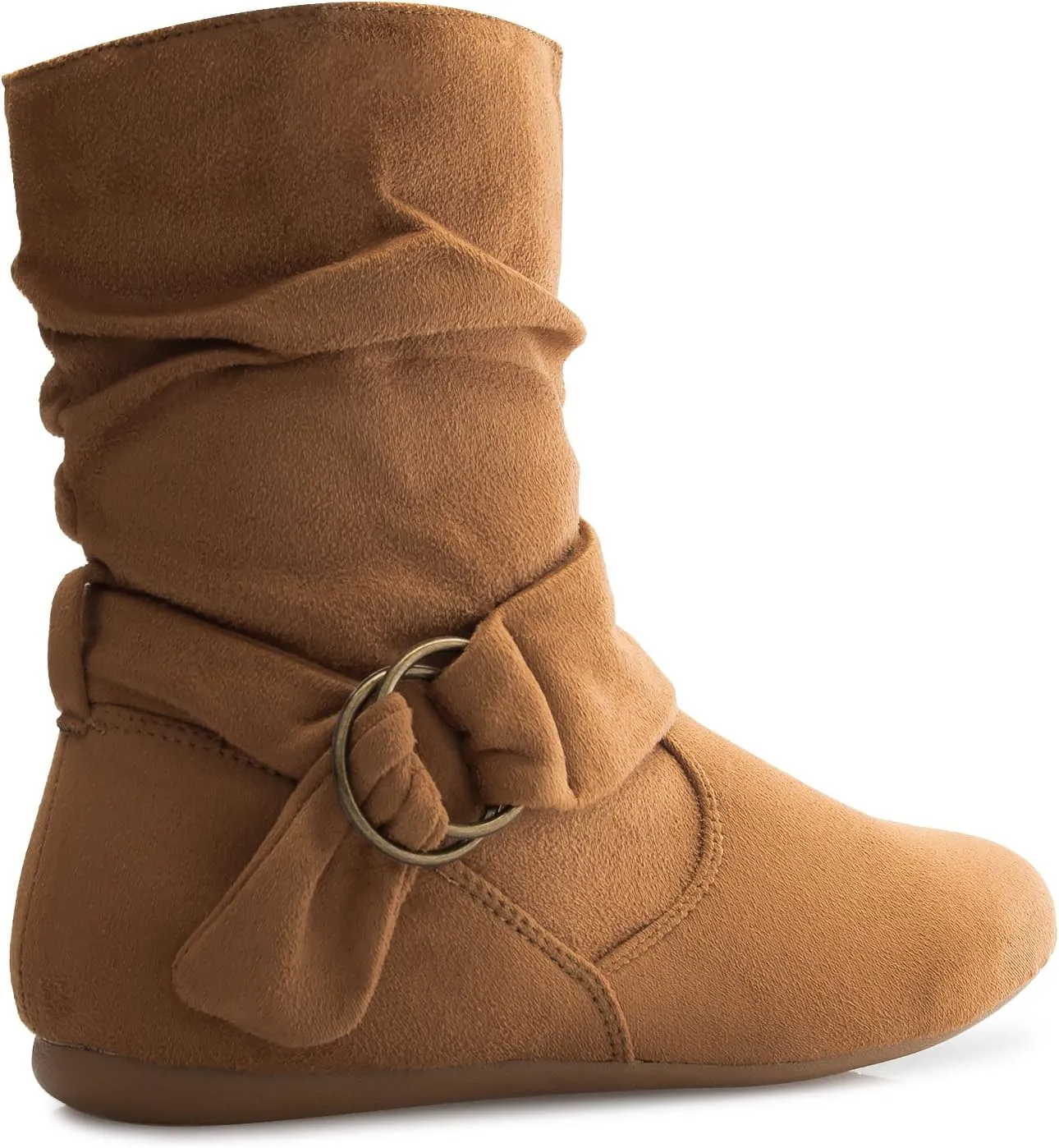 Womens Low Heel Slouch Suede Slip On Casual Ankle Boots with Ring Buckle and Side Zipper