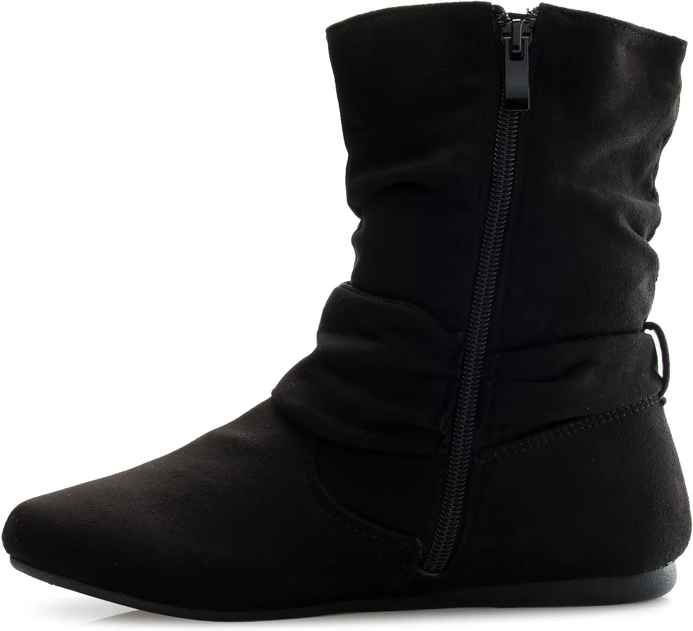 Womens Low Heel Slouch Suede Slip On Casual Ankle Boots with Ring Buckle and Side Zipper