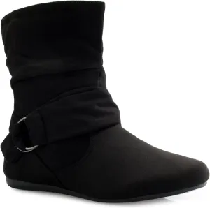 Womens Low Heel Slouch Suede Slip On Casual Ankle Boots with Ring Buckle and Side Zipper