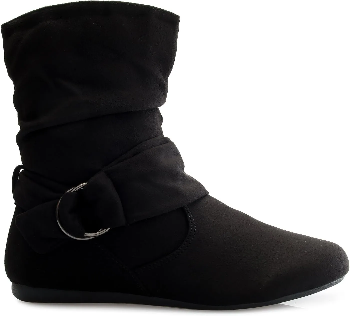 Womens Low Heel Slouch Suede Slip On Casual Ankle Boots with Ring Buckle and Side Zipper