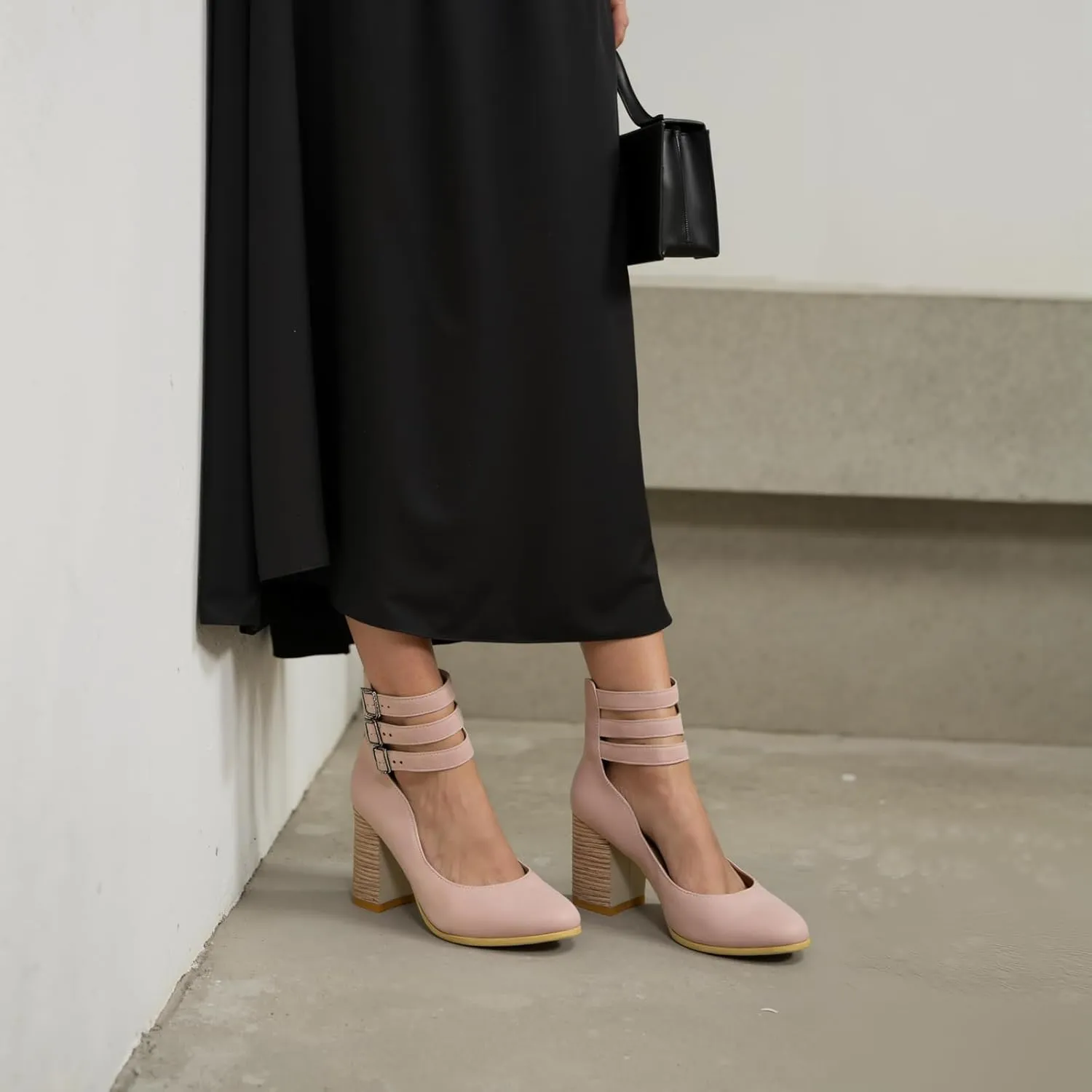 Women’s Mary Jane Pumps, Leather Ankle Strap Block Heels for Women Vintage Round Toe Chunky Pumps Adjustable Buckle Back Zipper Shoes