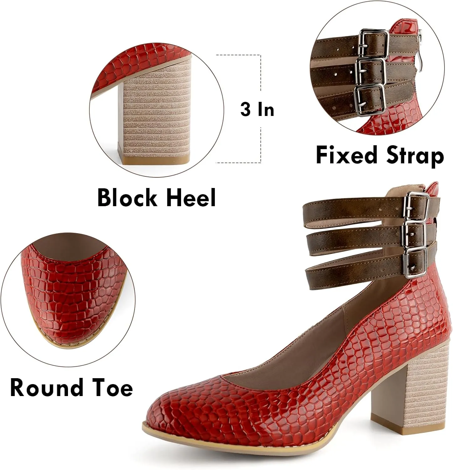 Women’s Mary Jane Pumps, Leather Ankle Strap Block Heels for Women Vintage Round Toe Chunky Pumps Adjustable Buckle Back Zipper Shoes
