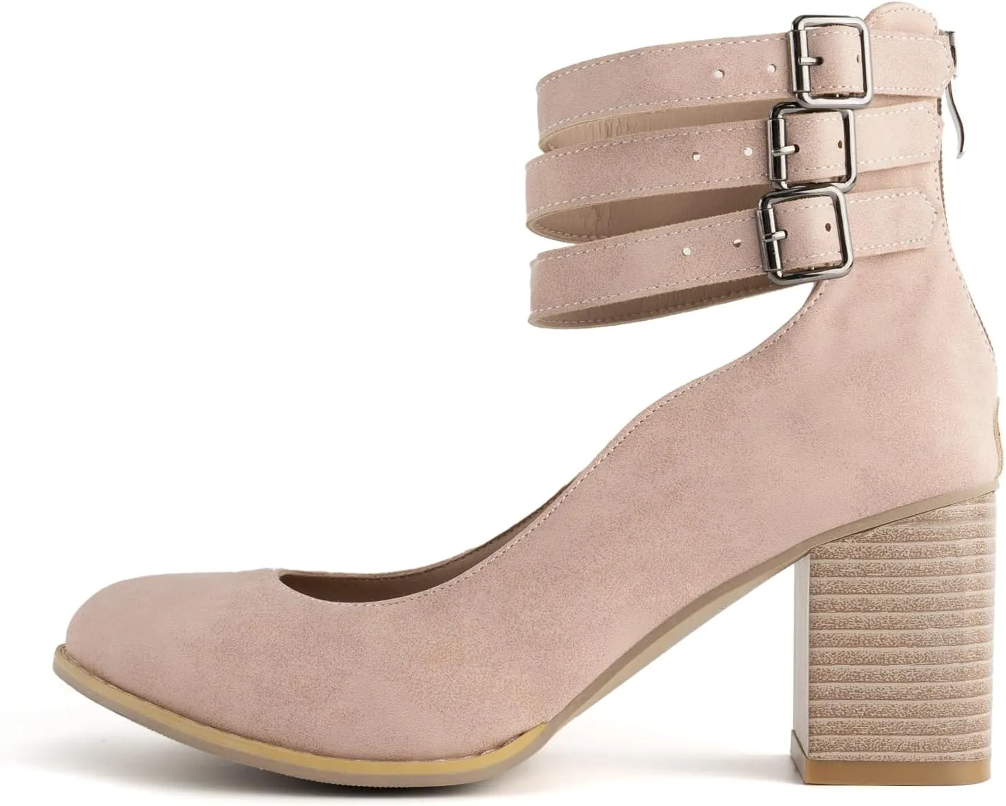Women’s Mary Jane Pumps, Leather Ankle Strap Block Heels for Women Vintage Round Toe Chunky Pumps Adjustable Buckle Back Zipper Shoes