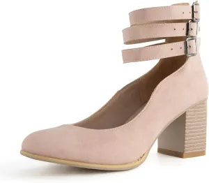 Women’s Mary Jane Pumps, Leather Ankle Strap Block Heels for Women Vintage Round Toe Chunky Pumps Adjustable Buckle Back Zipper Shoes