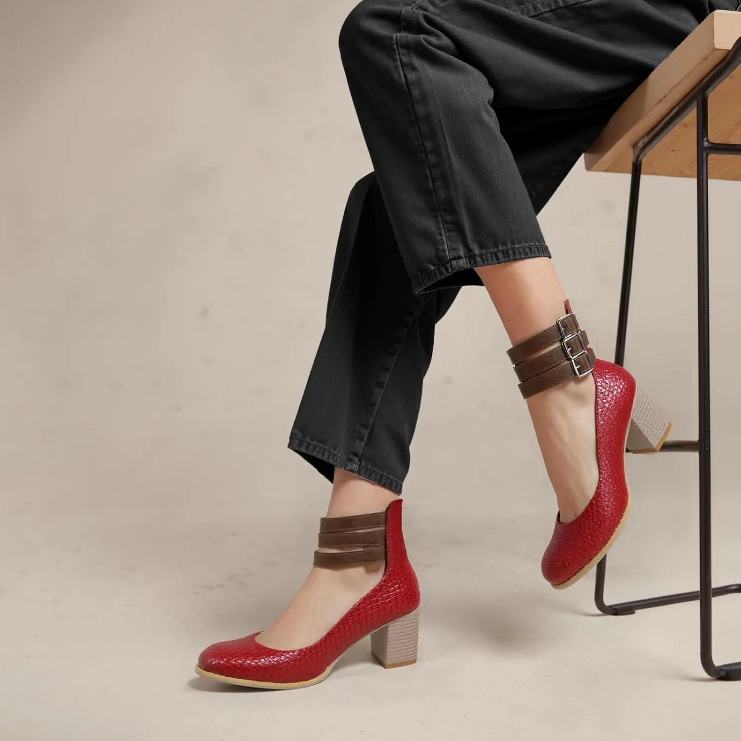 Women’s Mary Jane Pumps, Leather Ankle Strap Block Heels for Women Vintage Round Toe Chunky Pumps Adjustable Buckle Back Zipper Shoes