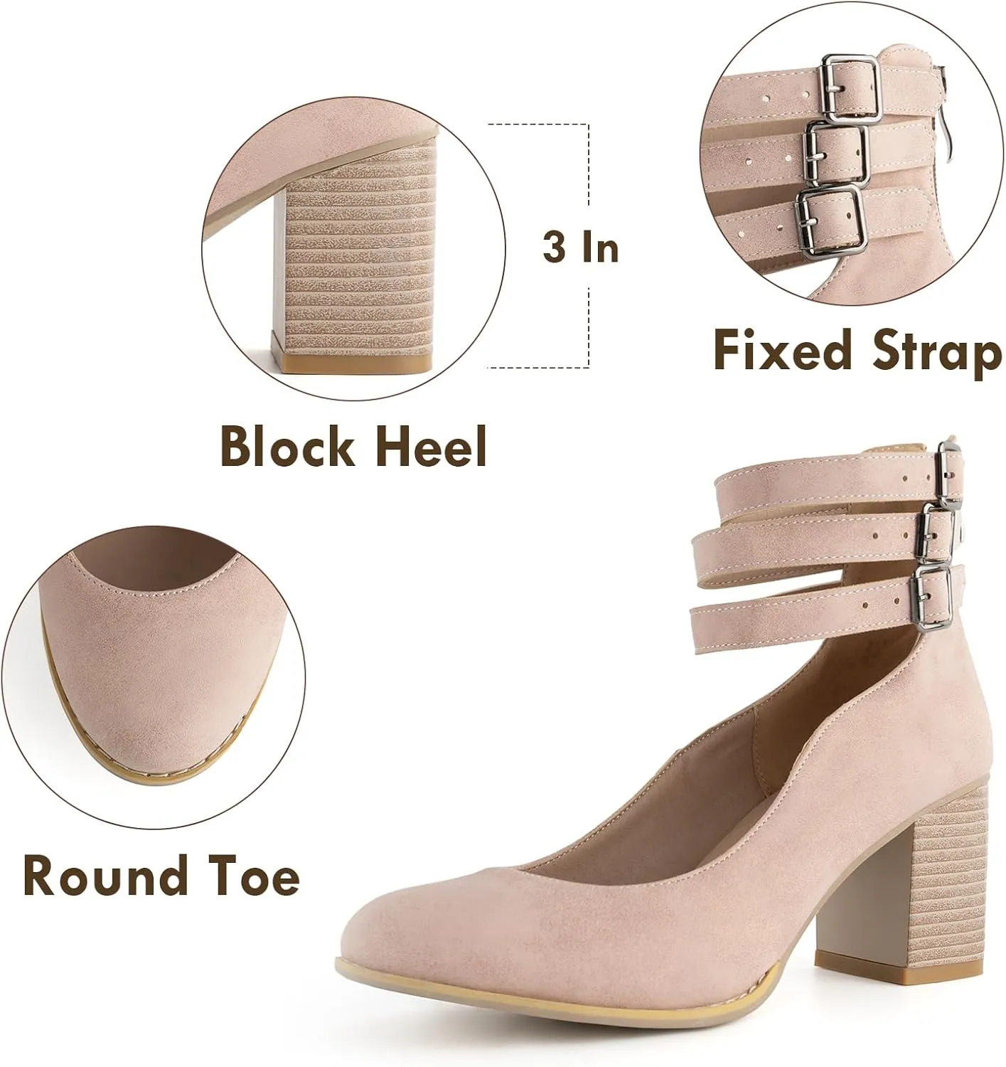 Women’s Mary Jane Pumps, Leather Ankle Strap Block Heels for Women Vintage Round Toe Chunky Pumps Adjustable Buckle Back Zipper Shoes