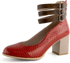 Women’s Mary Jane Pumps, Leather Ankle Strap Block Heels for Women Vintage Round Toe Chunky Pumps Adjustable Buckle Back Zipper Shoes