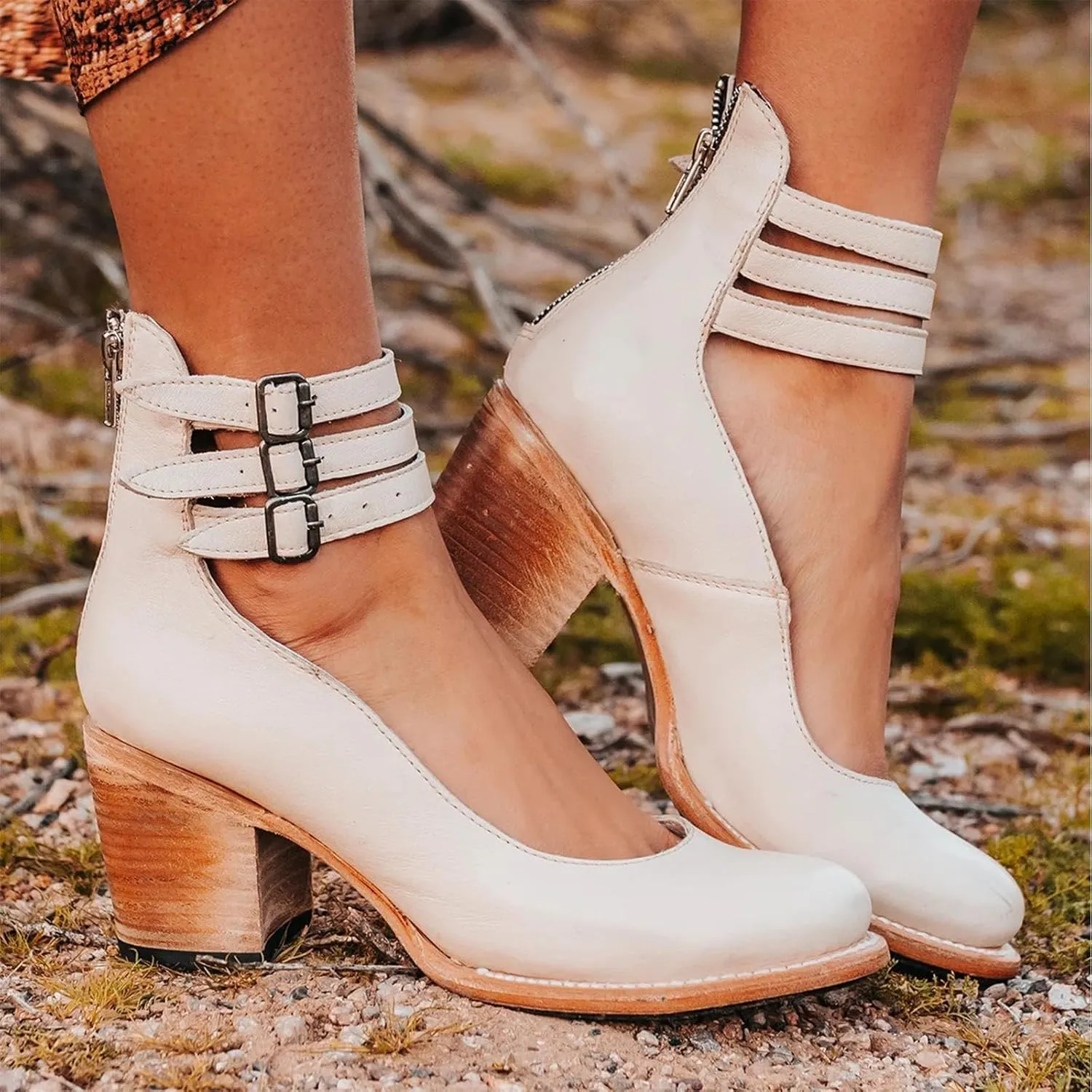 Women’s Mary Jane Pumps, Leather Ankle Strap Block Heels for Women Vintage Round Toe Chunky Pumps Adjustable Buckle Back Zipper Shoes