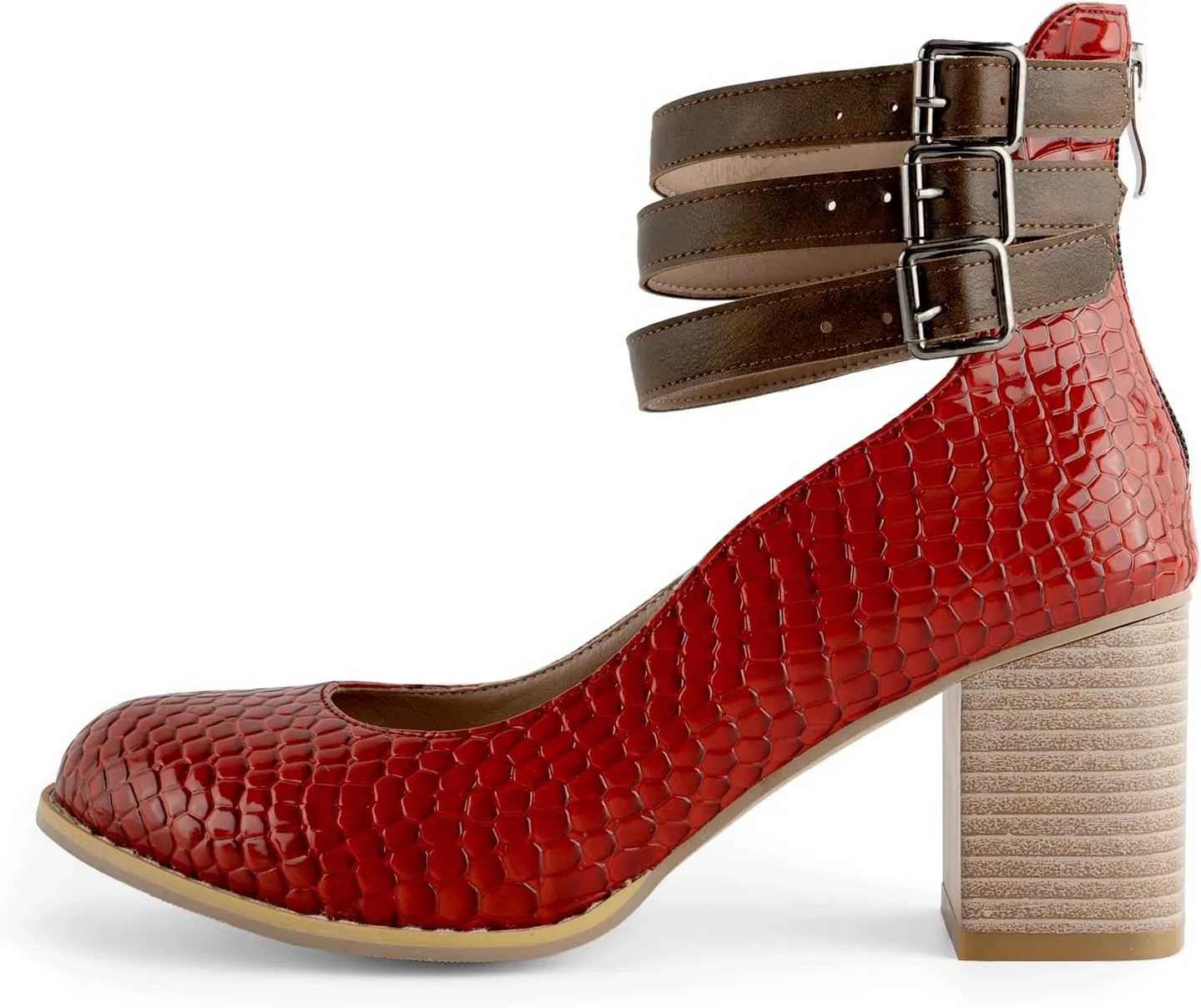 Women’s Mary Jane Pumps, Leather Ankle Strap Block Heels for Women Vintage Round Toe Chunky Pumps Adjustable Buckle Back Zipper Shoes