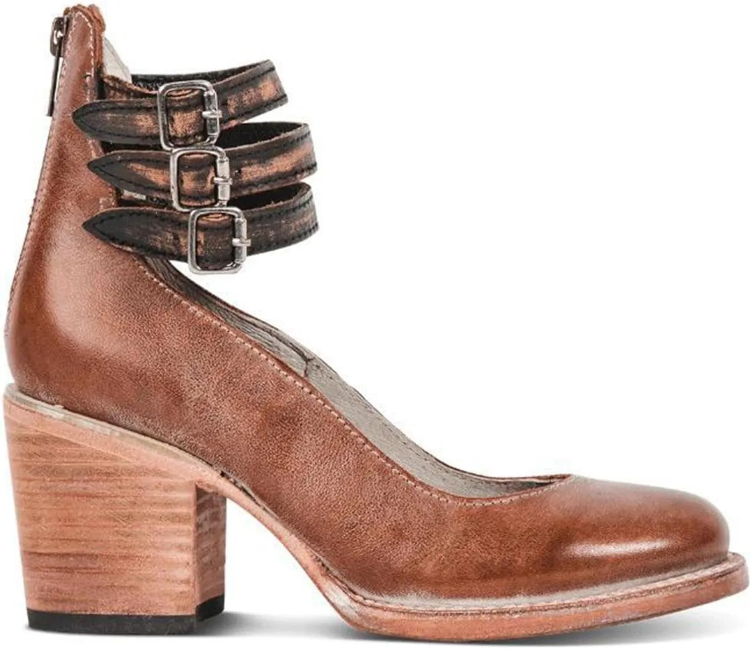 Women’s Mary Jane Pumps, Leather Ankle Strap Block Heels for Women Vintage Round Toe Chunky Pumps Adjustable Buckle Back Zipper Shoes